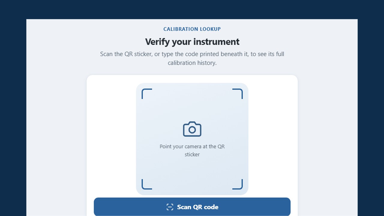 The Cal verification page, where a calibration QR sticker is scanned or its printed code typed in