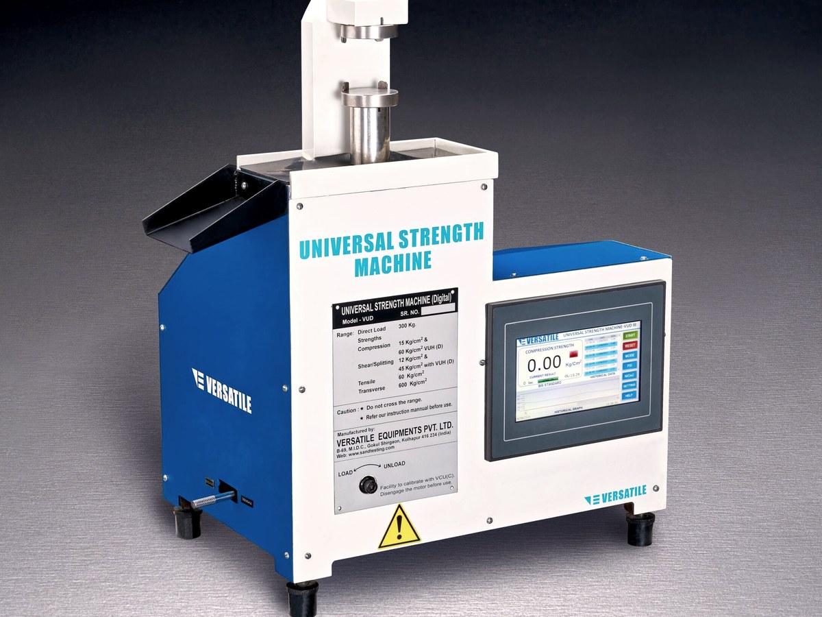 A Universal Strength Machine VUD III, a blue and white bench instrument with a touchscreen readout